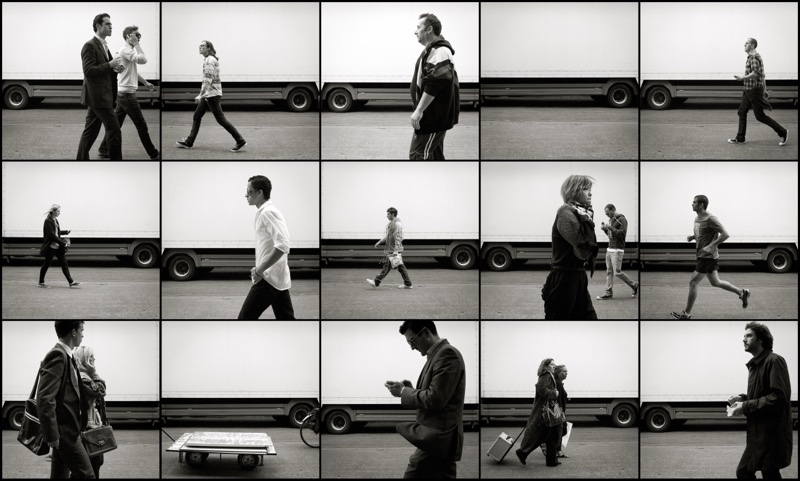 Fifteen frames of pedestrians passing a long white truck trailer, each walker isolated against its blank side.